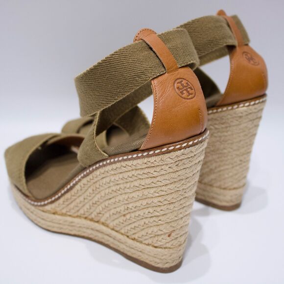 Tory Burch Adonis Wedge Espadrilles Sandals Army Green & Beige Women Size 9B - Picture 3 of 16